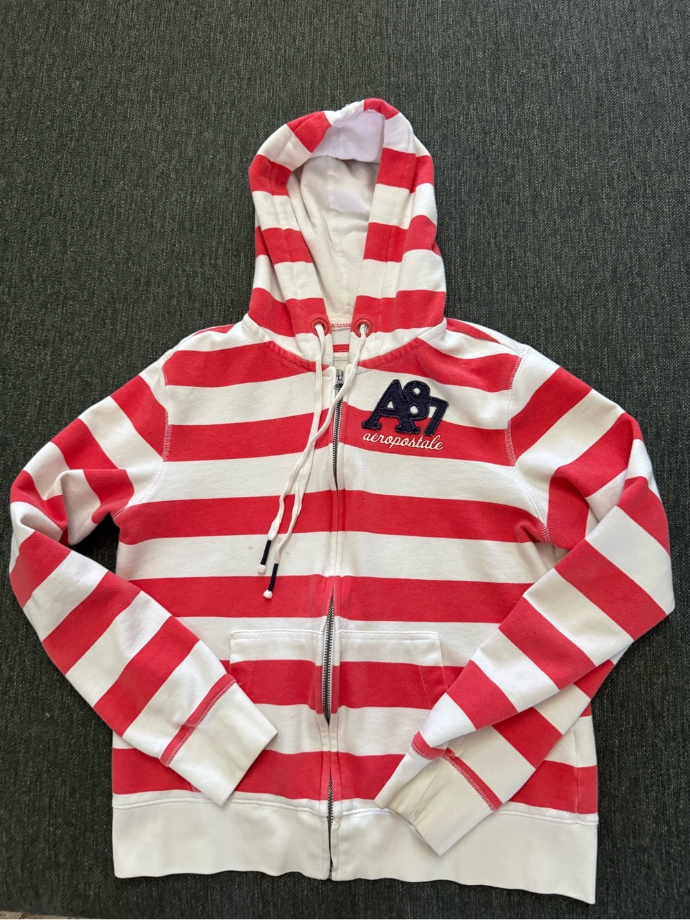 Y2K nautical Aeropostale Red & White Striped Hoodie Navy patched Logo Large